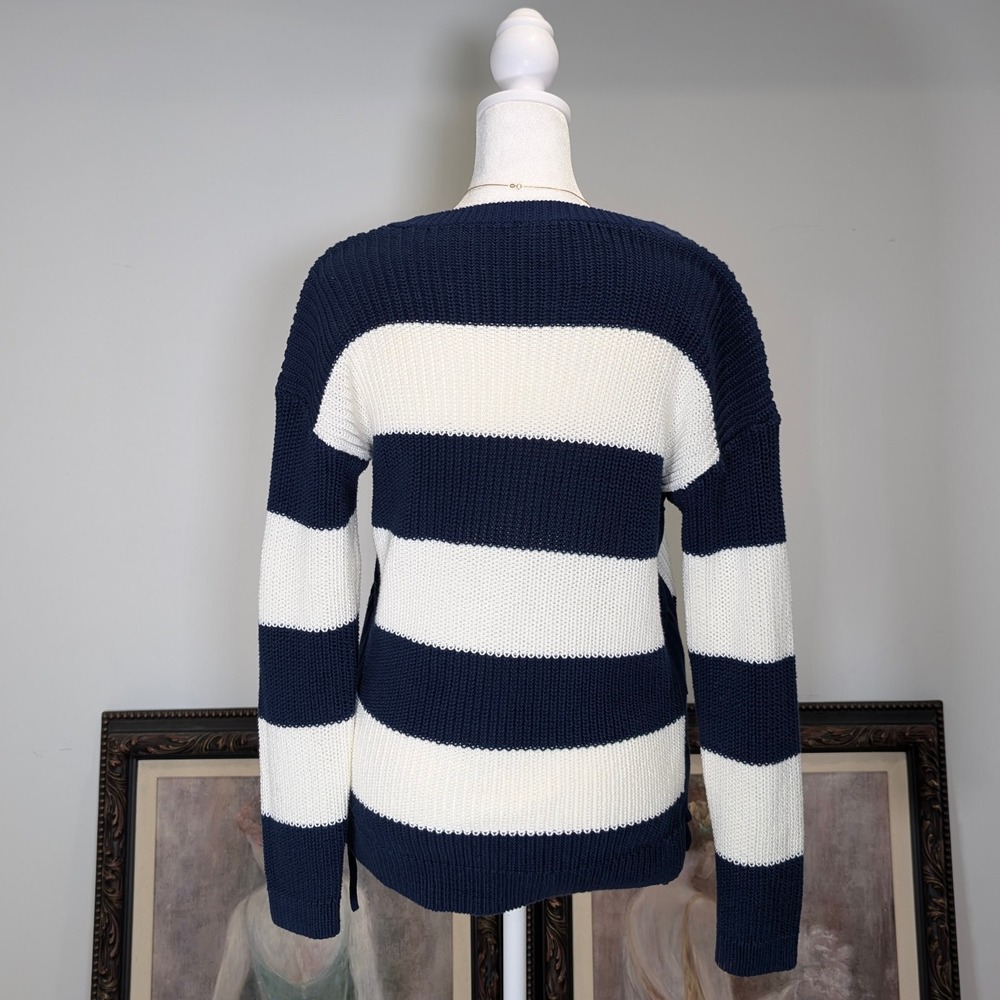 Talbots Striped Nautical Coastal Vibe Knit Sweater Lace Up Side Navy Cream‎ M - Picture 5 of 11